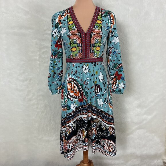 Akemi + Kin Anthropologie Karmina Blue, Red, Yellow, Green Beaded V-Neck Dress 2 - Picture 1 of 8